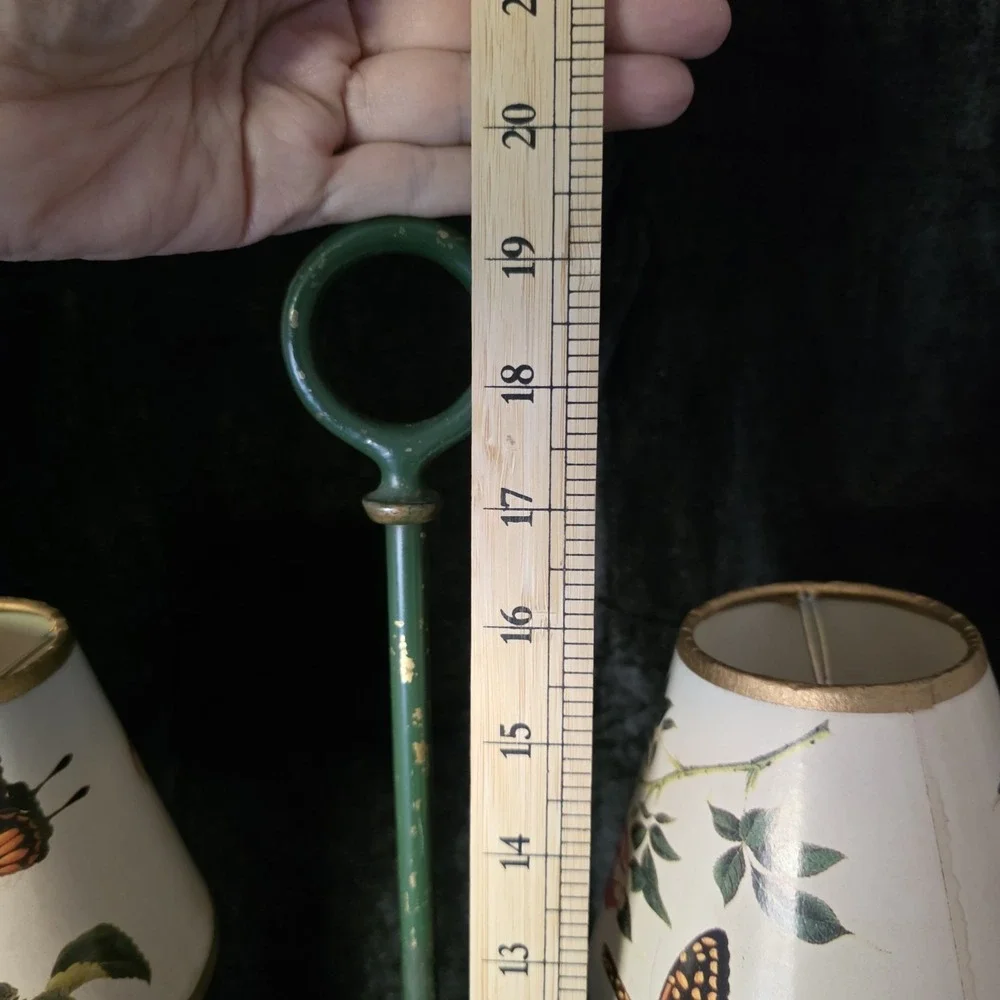 VTG Toleware Bouillotte-style Green 3-way lamp, 2 Arm w Shades. Mix of Old & New